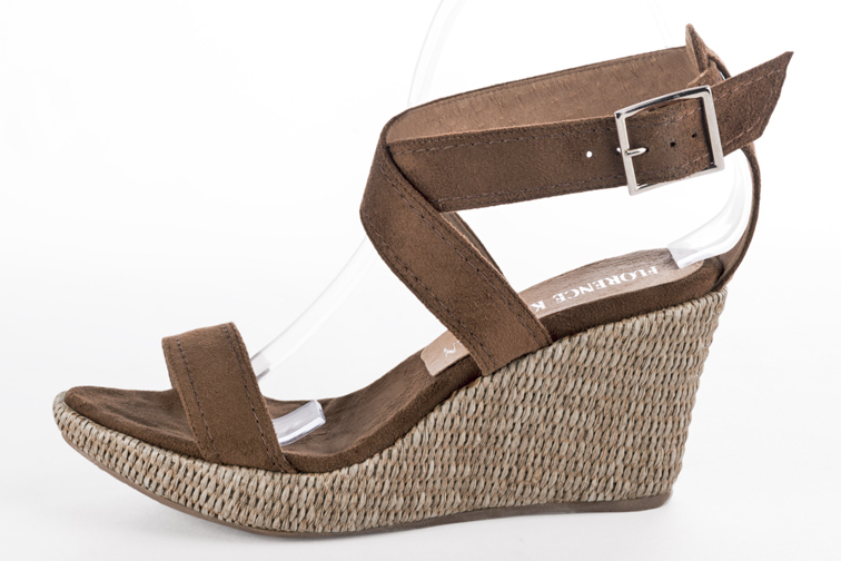 Caramel brown women's fully open sandals, with crossed straps. Round toe. High wedge soles. Profile view - Florence KOOIJMAN